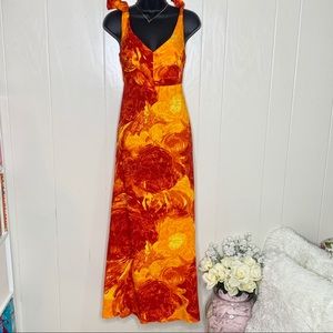 Red & Yellow Hawaii Sunset Shoulder Tie Maxi Dress